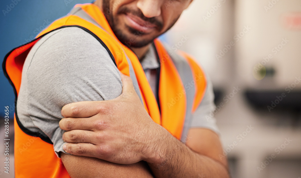 Hand, construction worker and arm pain from building, handyman injury or maintenance stress. Sad, sa