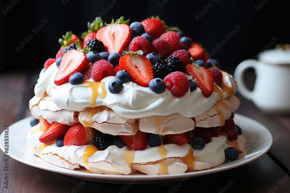 Pavlova cake topped with fruit. Generative AI