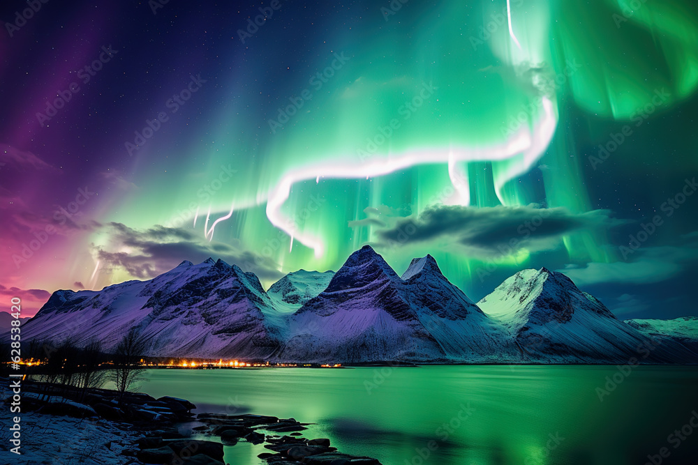 Glacial lagoon in Iceland under aurora. Night sky with polar lights. Night winter landscape with nor