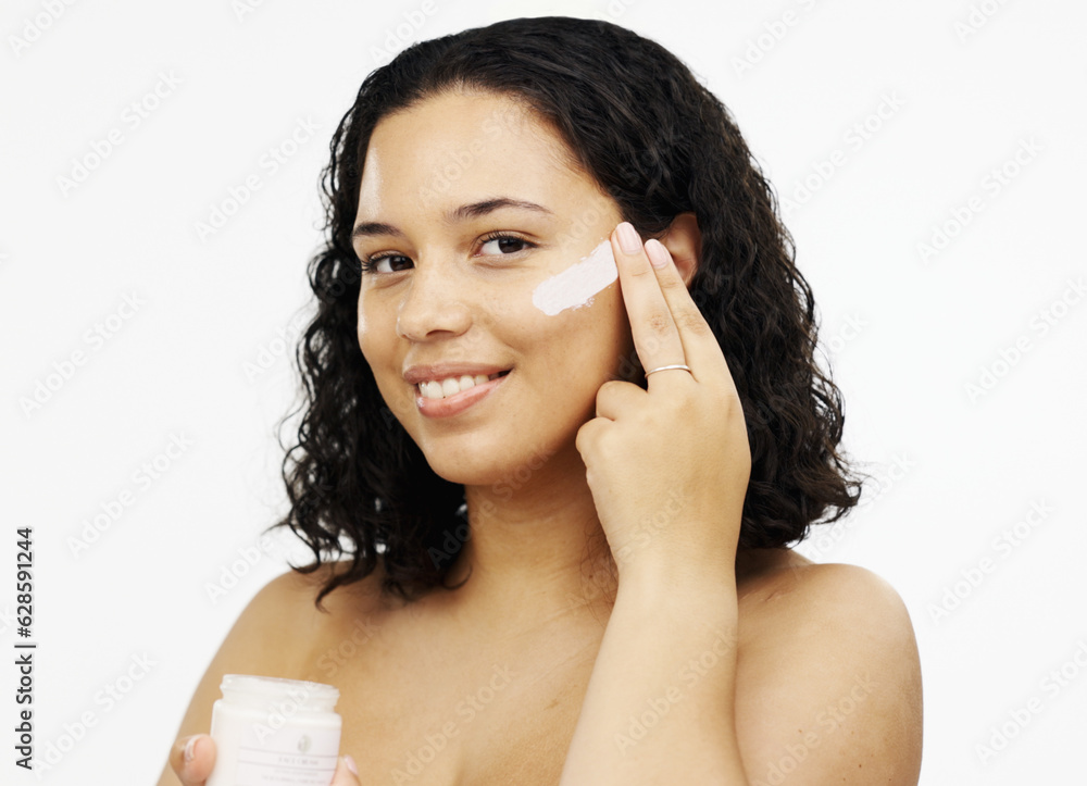 Beauty, cream and face of woman for skincare, wellness and cosmetics products on white background. S