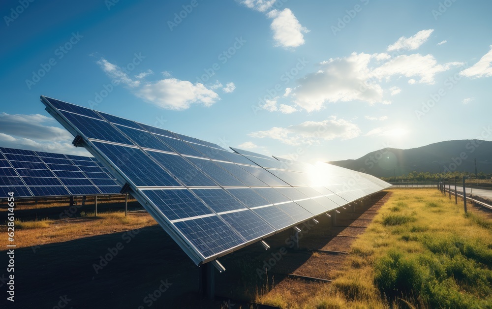 solar power plant, Panorama view of environmentally friendly installation of photovoltaic power plan