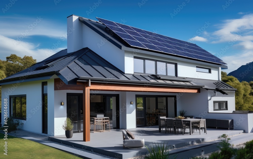 Solar panels on the gable roof of a beautiful modern home