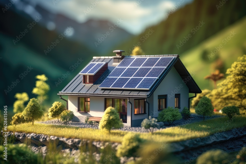 Solar panels on the gable roof of a beautiful modern home