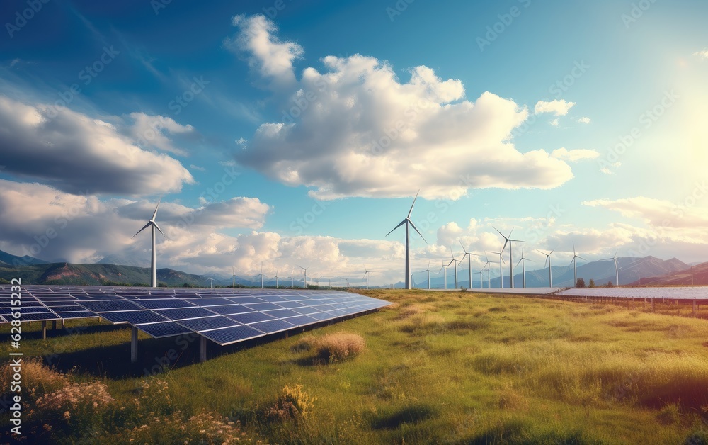 Panorama view of environmentally friendly installation of photovoltaic power plant and wind turbine 