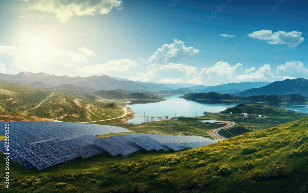 solar power plant, Panorama view of environmentally friendly installation of photovoltaic power plan