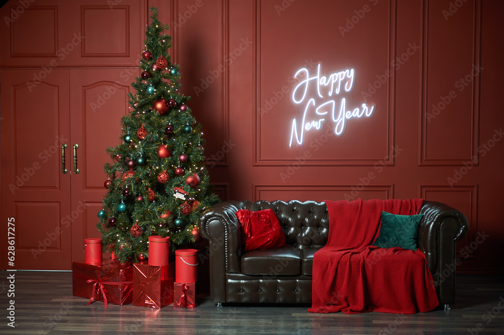 Red Christmas interior in the living room with sofa and plaid