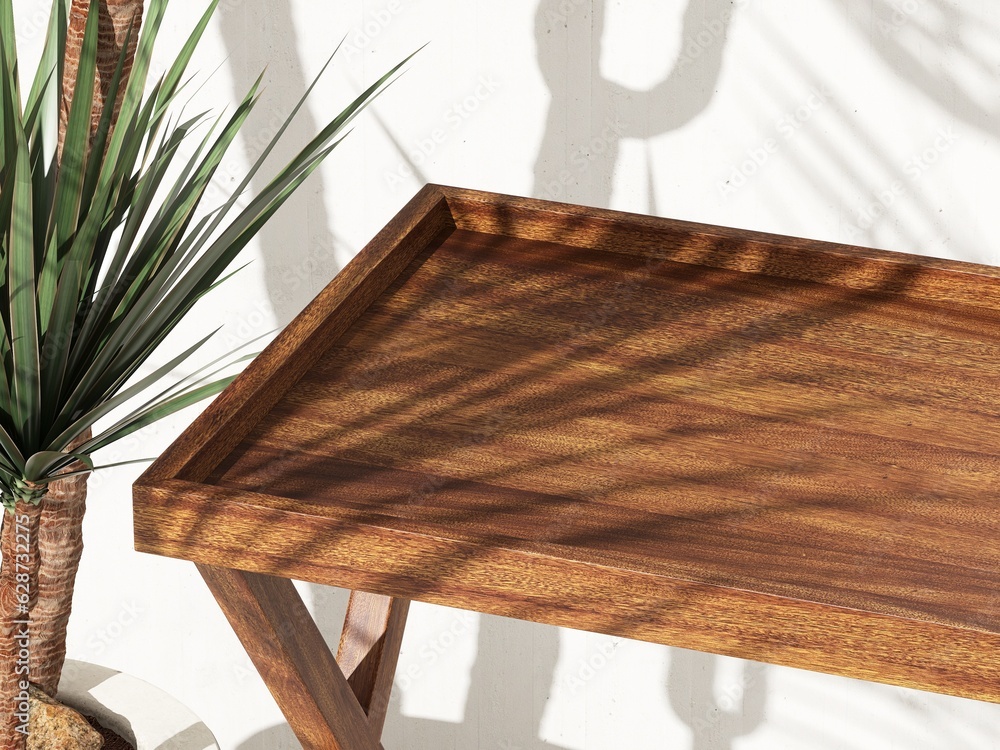 Brown wooden rectangle pedestal side table tray podium, tropical dracaena tree in sunlight, leaf sha