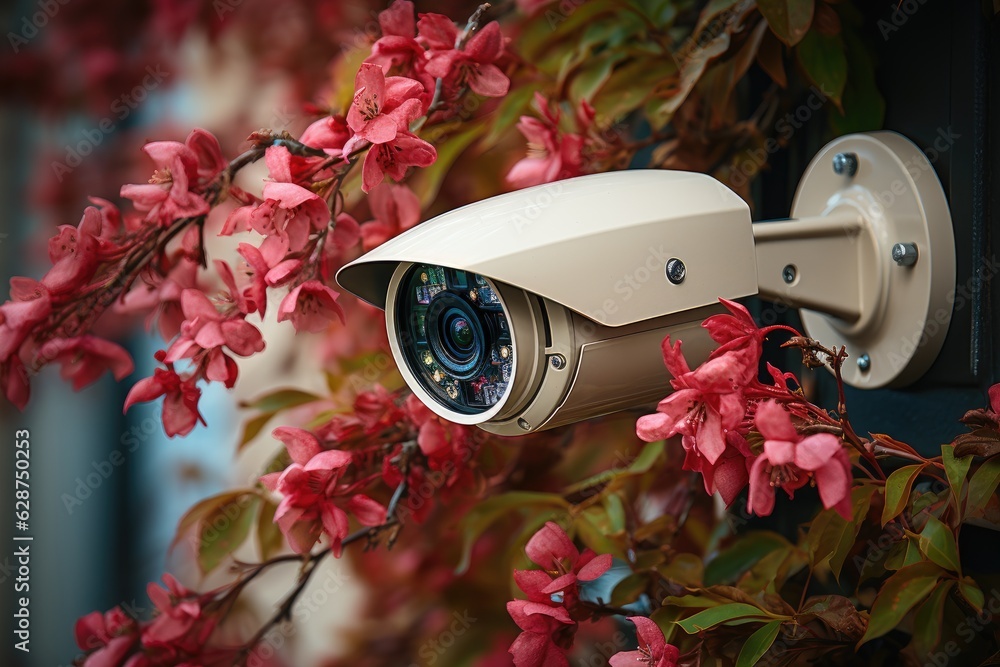 Security camera in front of house with flowers in the foreground.