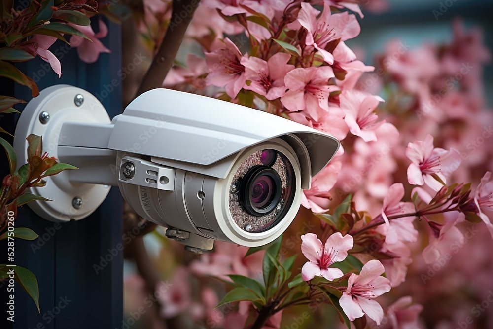 Security camera in front of house with flowers in the foreground.