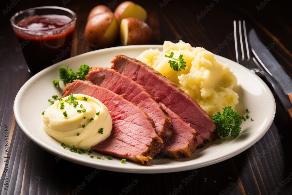 Corned beef is served with mashed potatoes. Generative AI