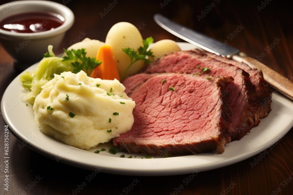 Corned beef is served with mashed potatoes. Generative AI