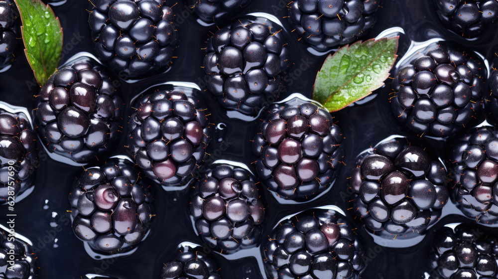 blackberries on the water, fresh blackberries seamless background, adorned with glistening droplets 