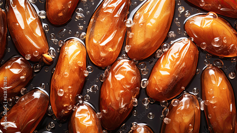 dates on the water, fresh dates seamless background, adorned with glistening droplets of water. Top 