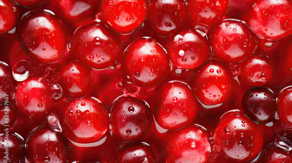 cranberries on the water, fresh cranberries seamless background, adorned with glistening droplets of