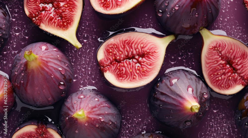 fig on the water, fresh fig seamless background, adorned with glistening droplets of water. Top down