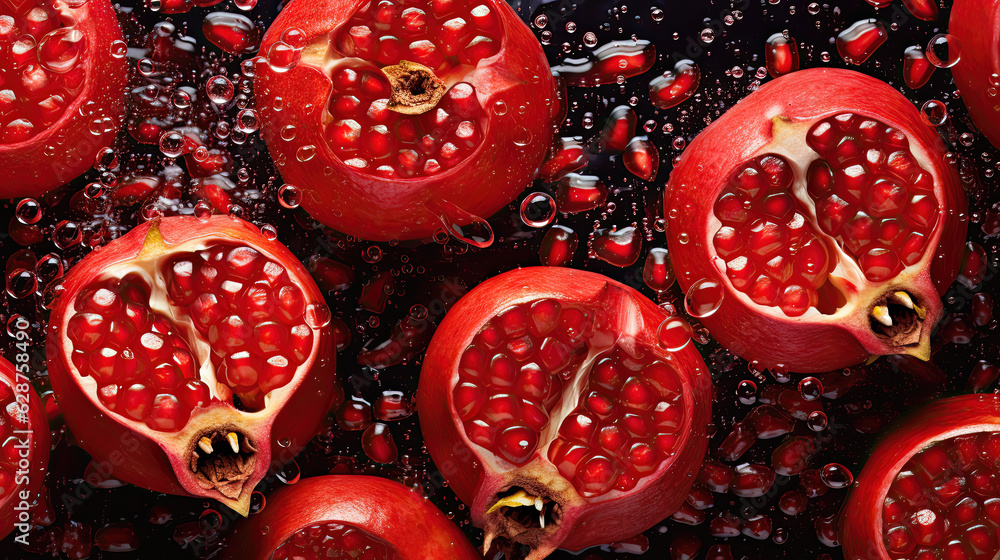 pomegranate on the water, fresh pomegranate seamless background, adorned with glistening droplets of