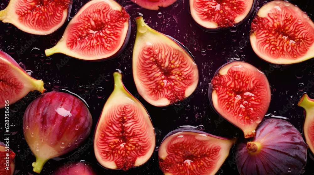 fig on the water, fresh fig seamless background, adorned with glistening droplets of water. Top down