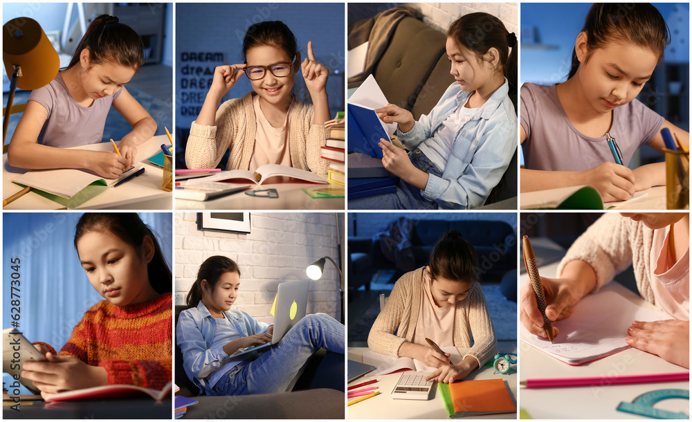 Collage of little Asian girl doing homework in evening