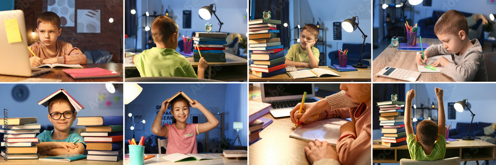 Collage of little children doing homework in evening