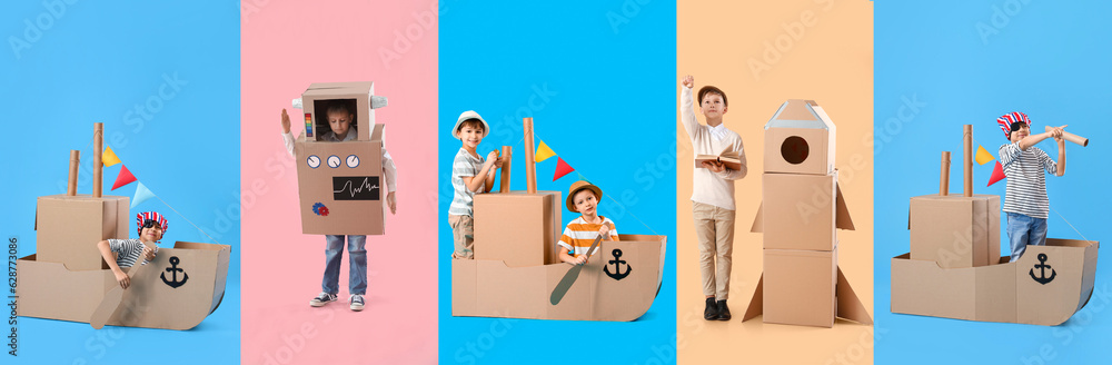 Collage of cute little boys with cardboard toys on color background