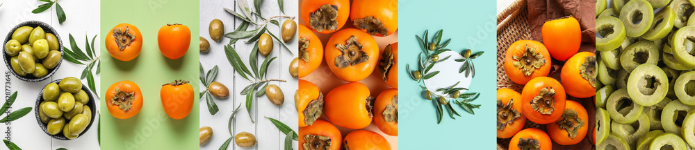 Collage of green olives and orange persimmon fruit, top view