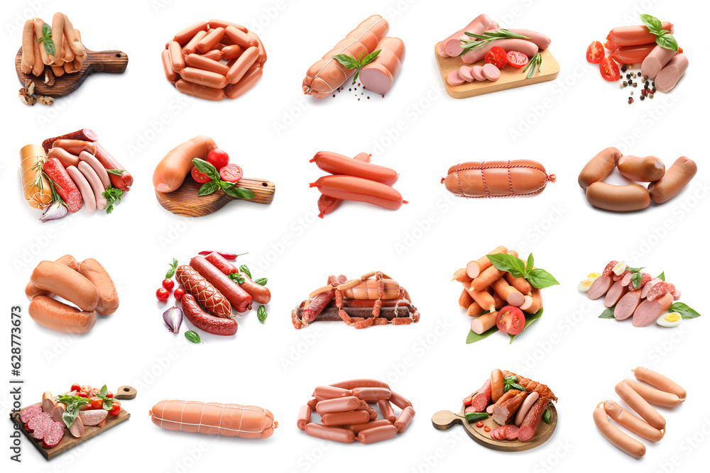 Collection of delicious sausages on white background