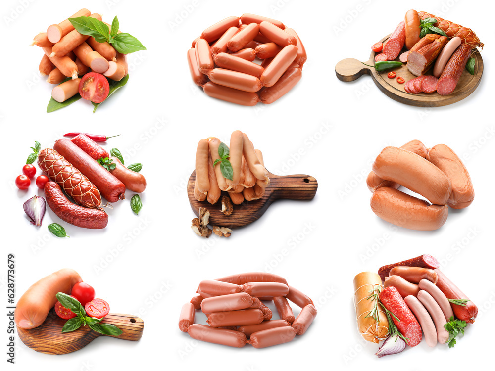 Group of delicious sausages on white background