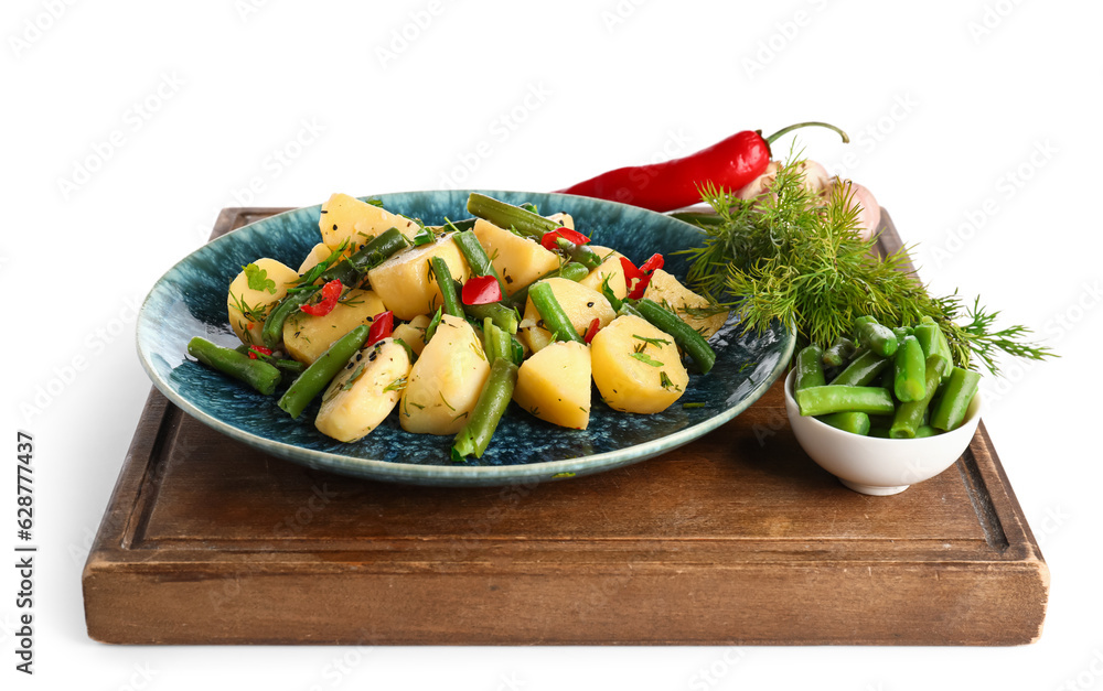 Plate of tasty Potato Salad with vegetables on white background