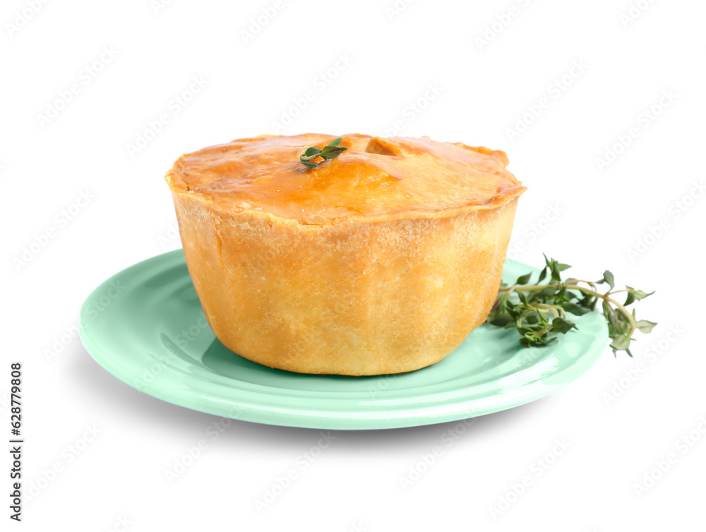 Plate with tasty meat pot pie on white background