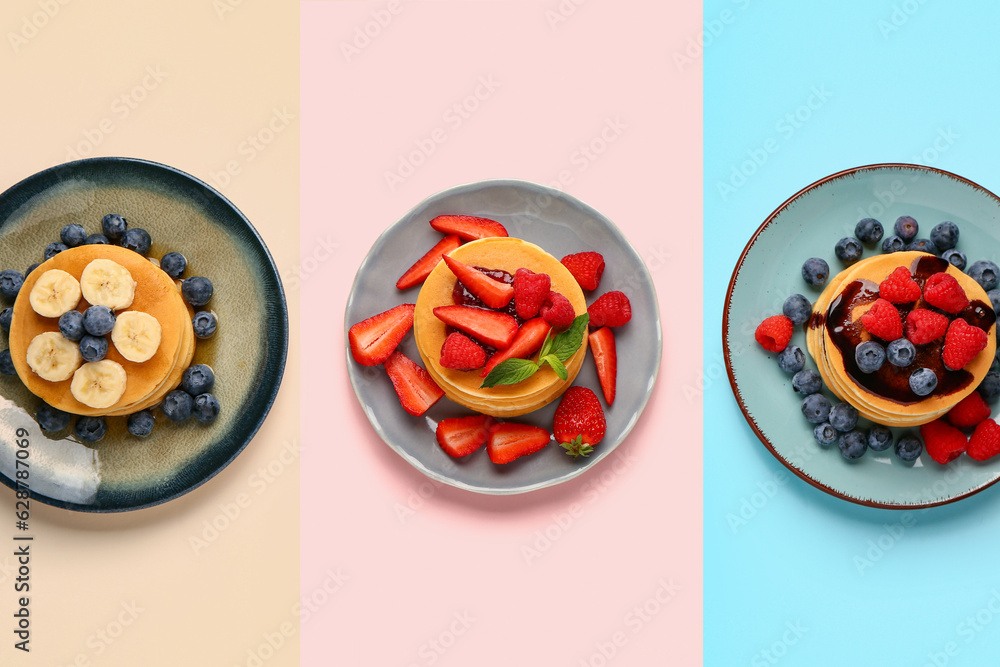 Plates with sweet pancakes and berries on color background