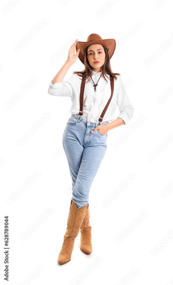 Beautiful cowgirl on white background