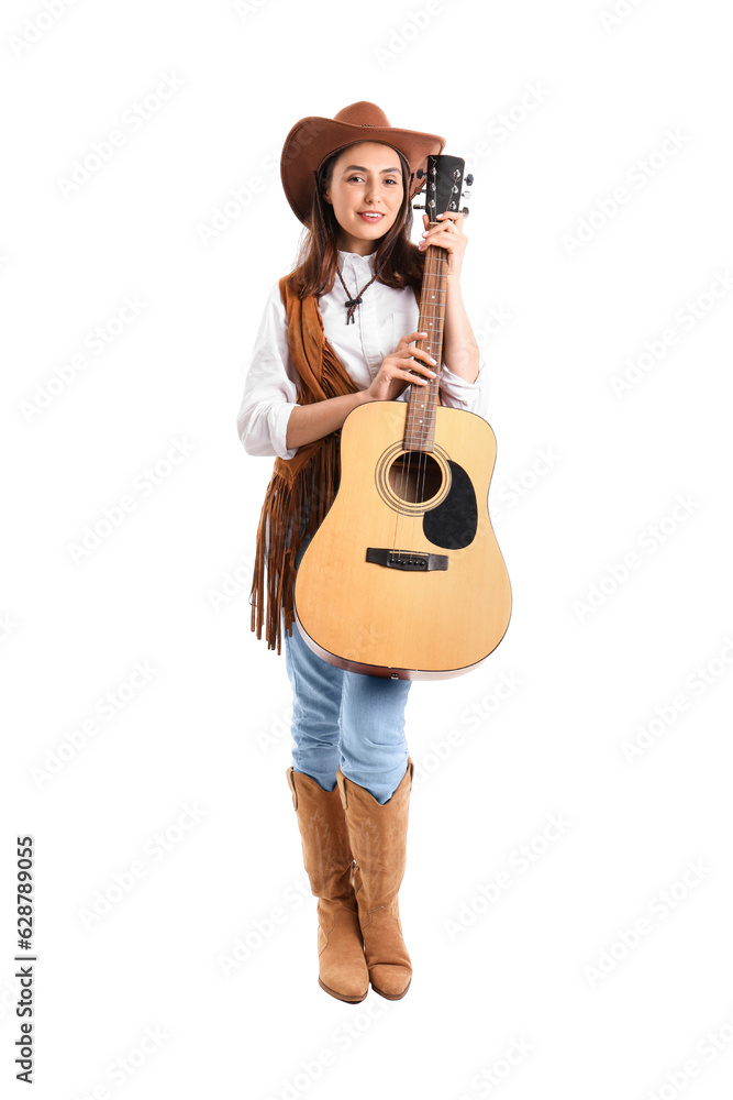 Beautiful cowgirl with guitar on white background