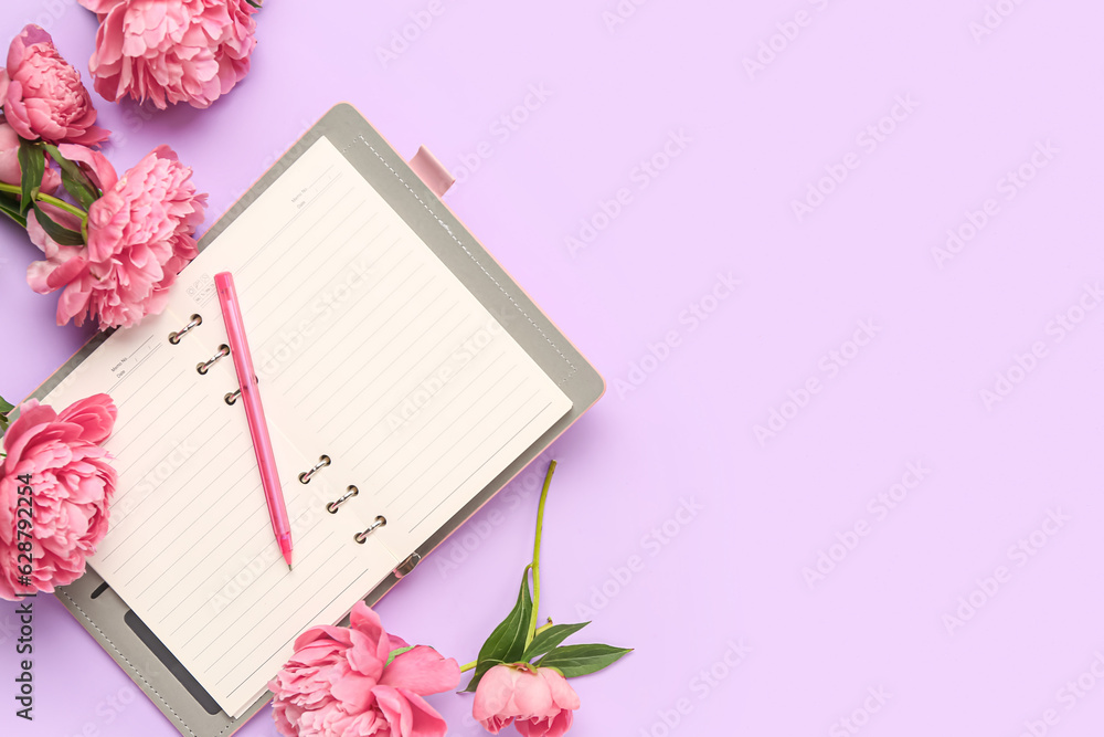 Composition with blank notebook, pen and beautiful peony flowers on lilac background