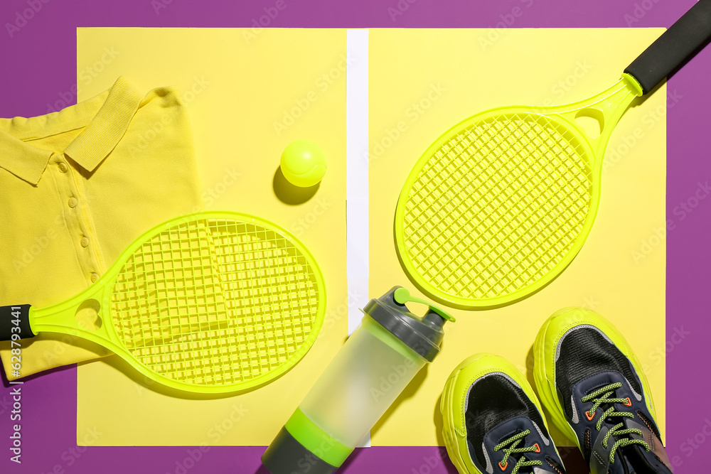 Composition with bottle of water and sports equipment on color background