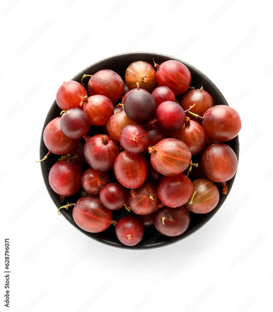 Bowl with fresh gooseberries on white background