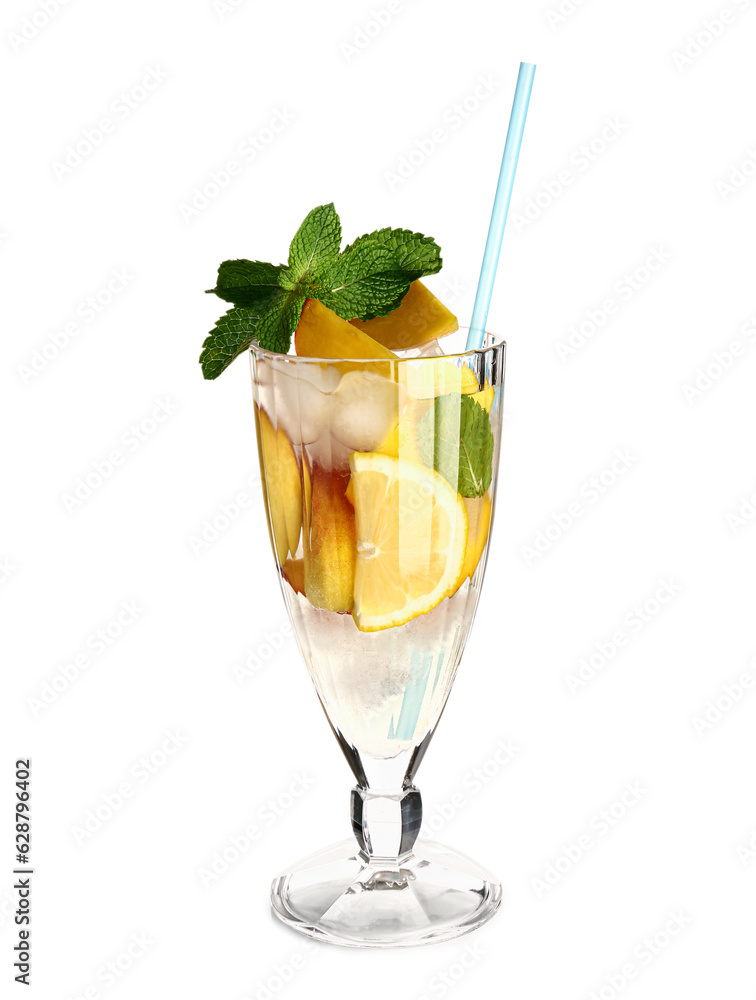 Glass of fresh peach lemonade with mint on white background