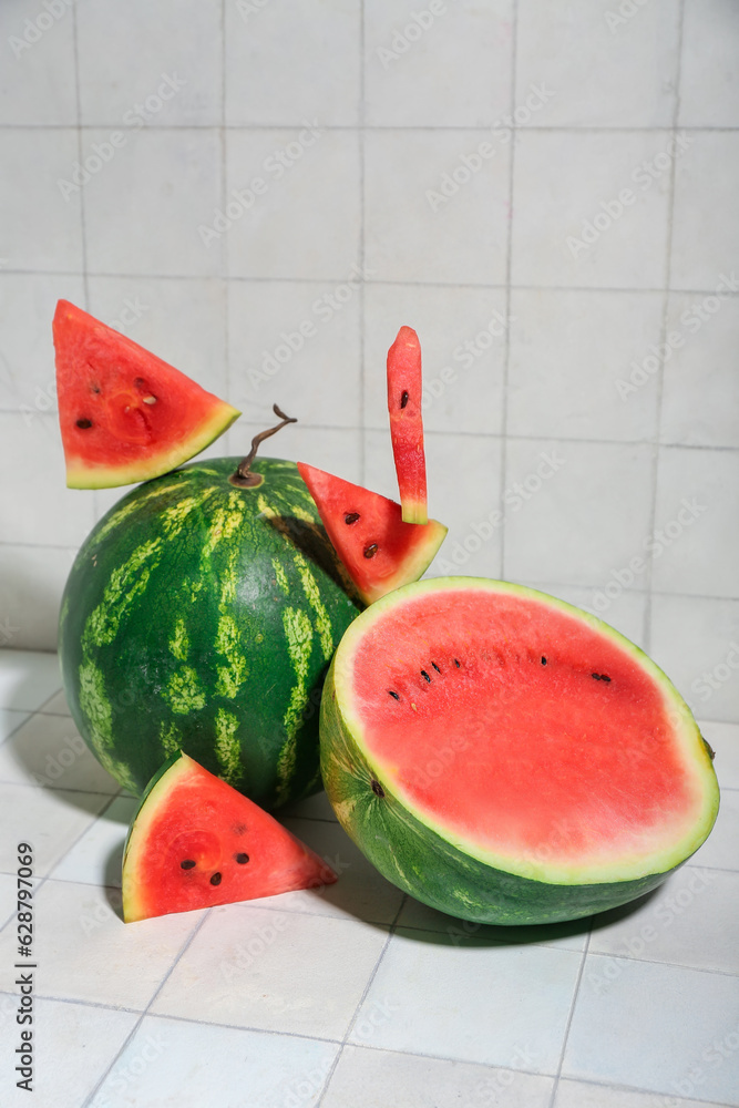 Fresh watermelons on white tile background