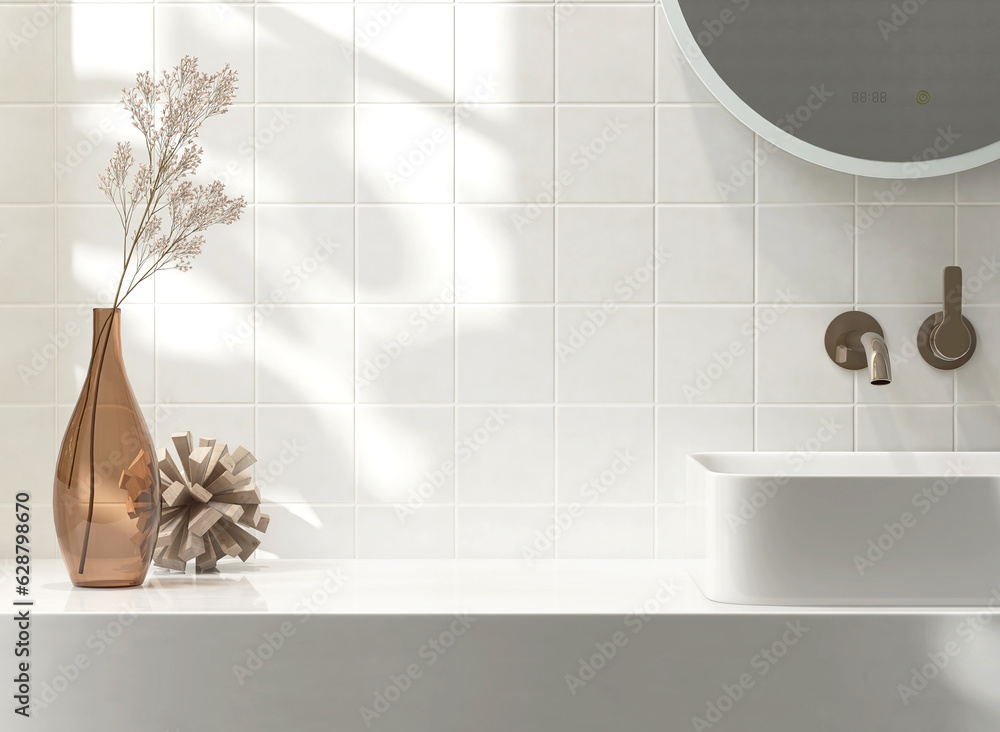 White vanity counter top, square wall tiles with ceramic washbasin, modern minimal style faucet, flo