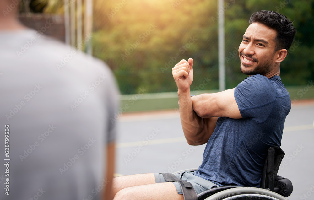 Sports, stretching and wheelchair user with man on basketball court for training, challenge and comp