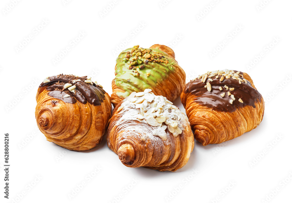 Tasty sweet croissants isolated on white background