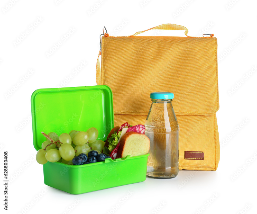 Bag with lunchbox and bottle of water isolated on white background