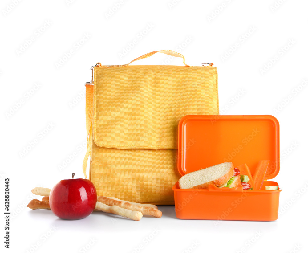 Bag with lunchbox and food isolated on white background