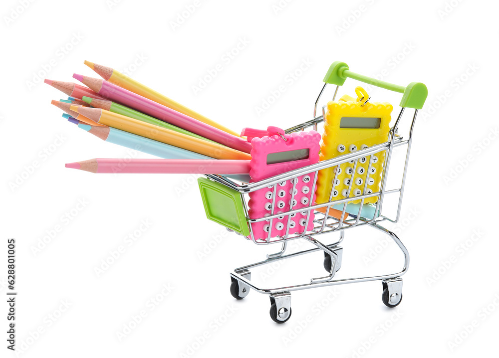 Shopping cart with school stationery on white background