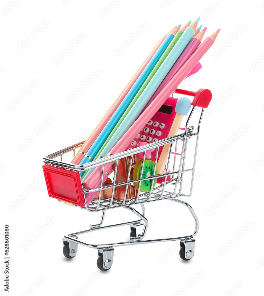 Shopping cart with school stationery on white background