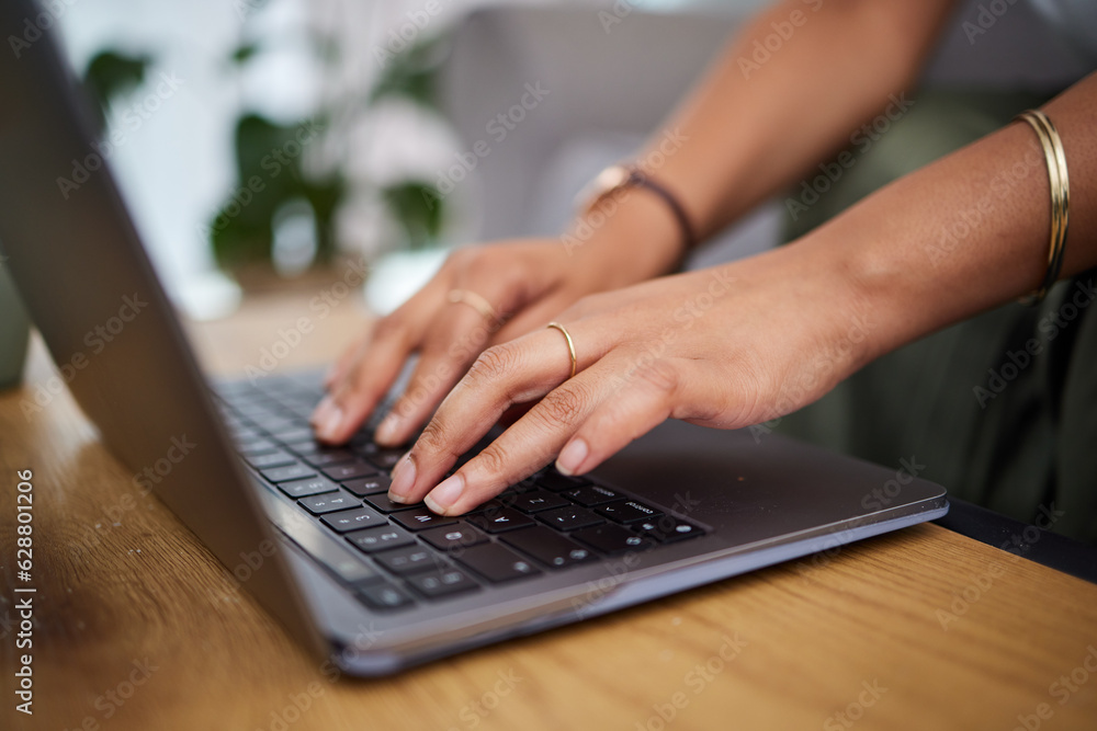 Hands of woman, remote work and laptop keyboard in home for digital planning, online research or blo