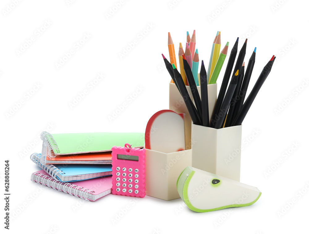 Cups with school stationery and notebooks on white background