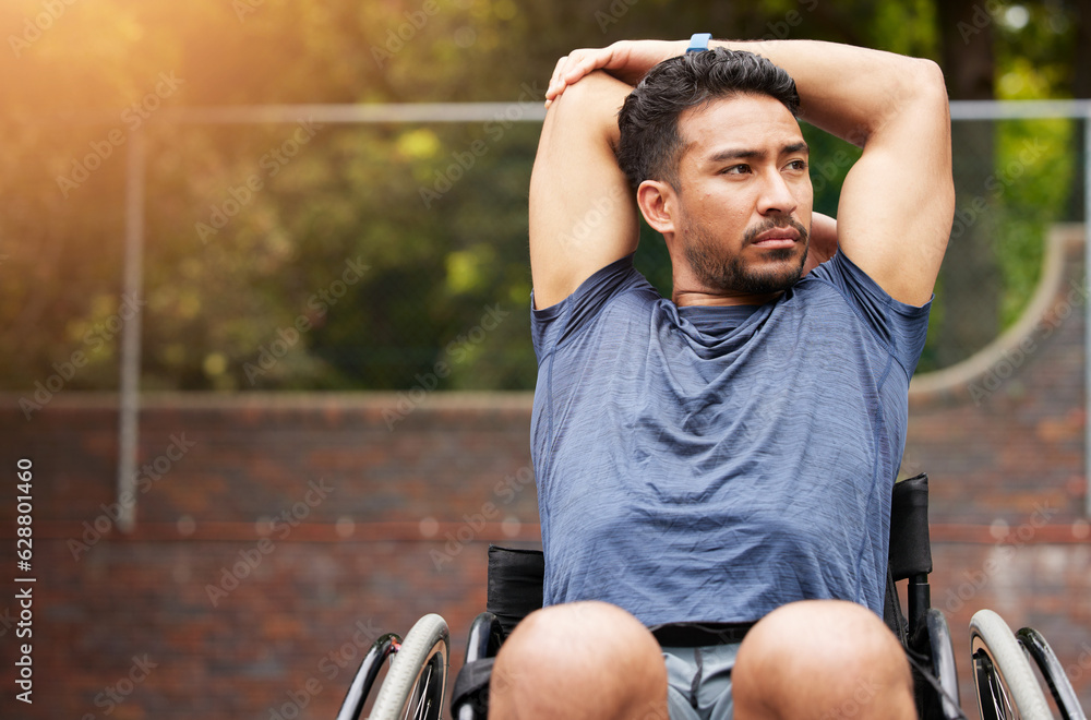 Fitness, stretching and wheelchair user with man on basketball court for training, challenge and com