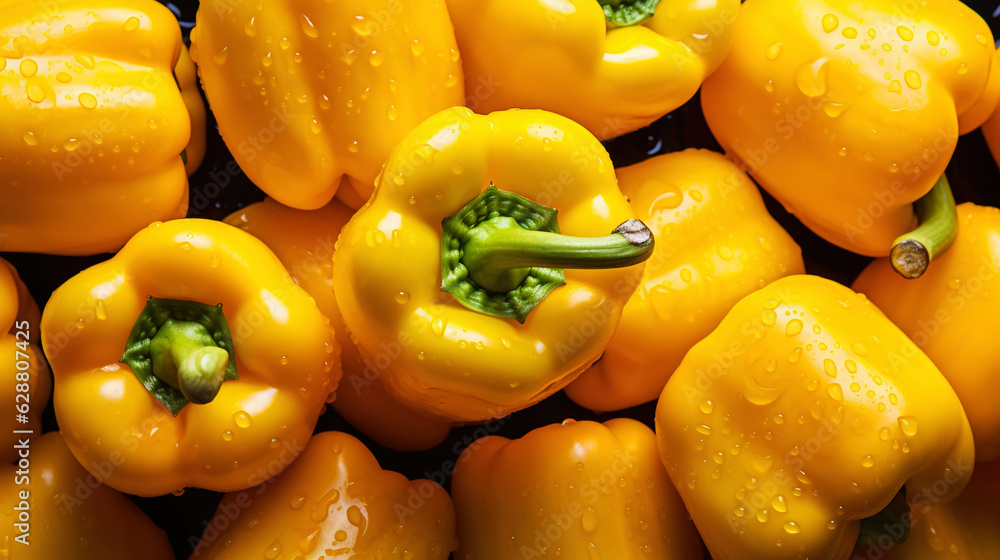 Fresh yellow bell peppers with water drops background. Vegetables backdrop. Generative AI