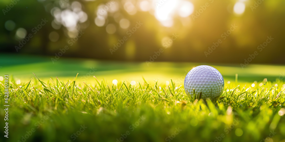 Close-up of golf ball on green grass of golf course, sunny day, blurred backdrop. Generative AI