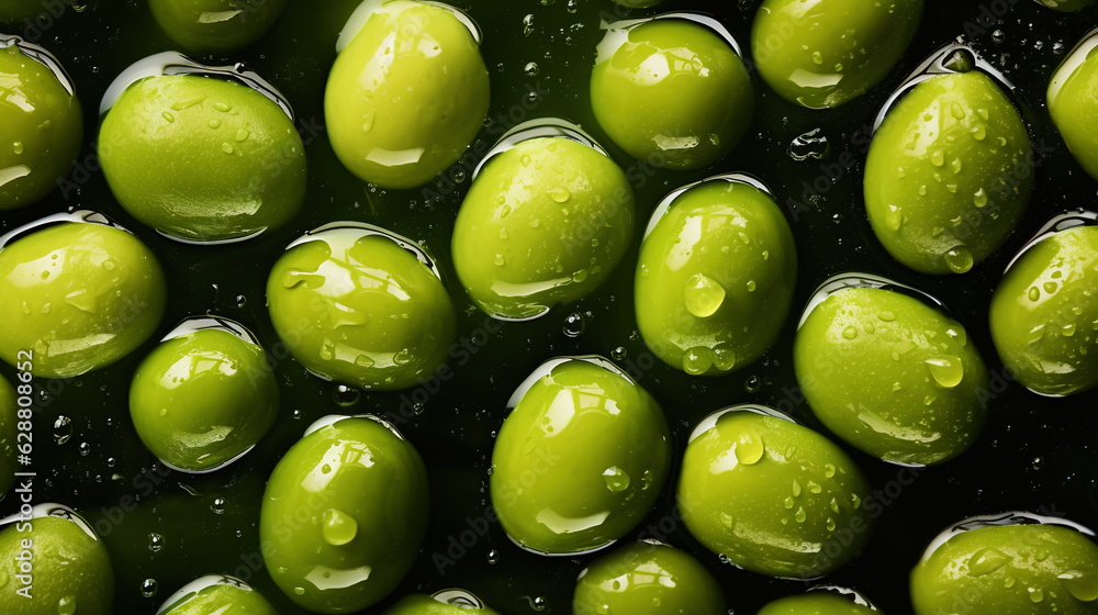 Fresh green olives with water drops background. Vegetables backdrop. Generative AI